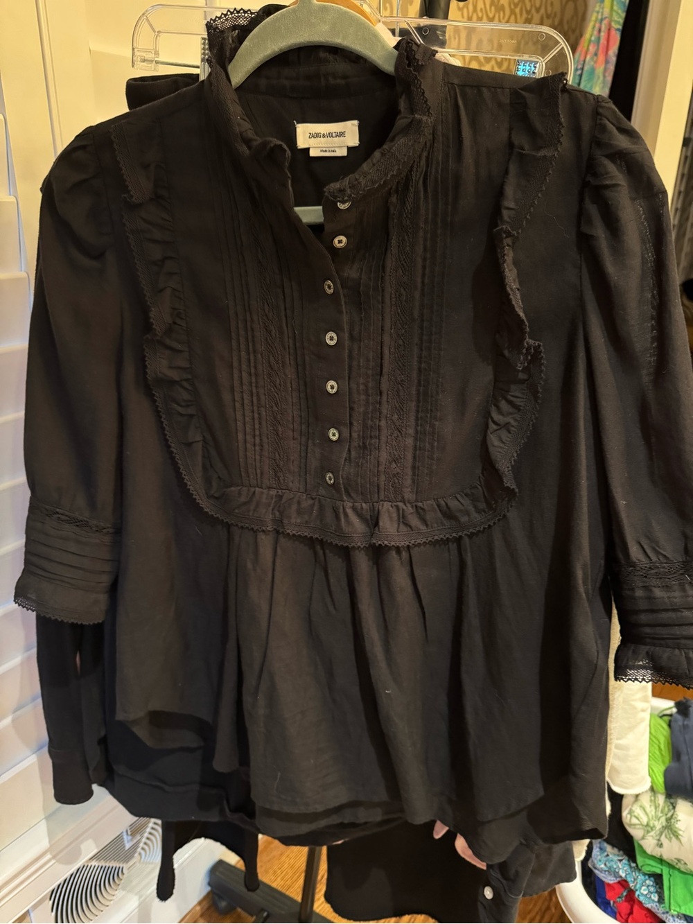 Zadig & Voltaire Black Ruffled Pintuck Peasant Blouse